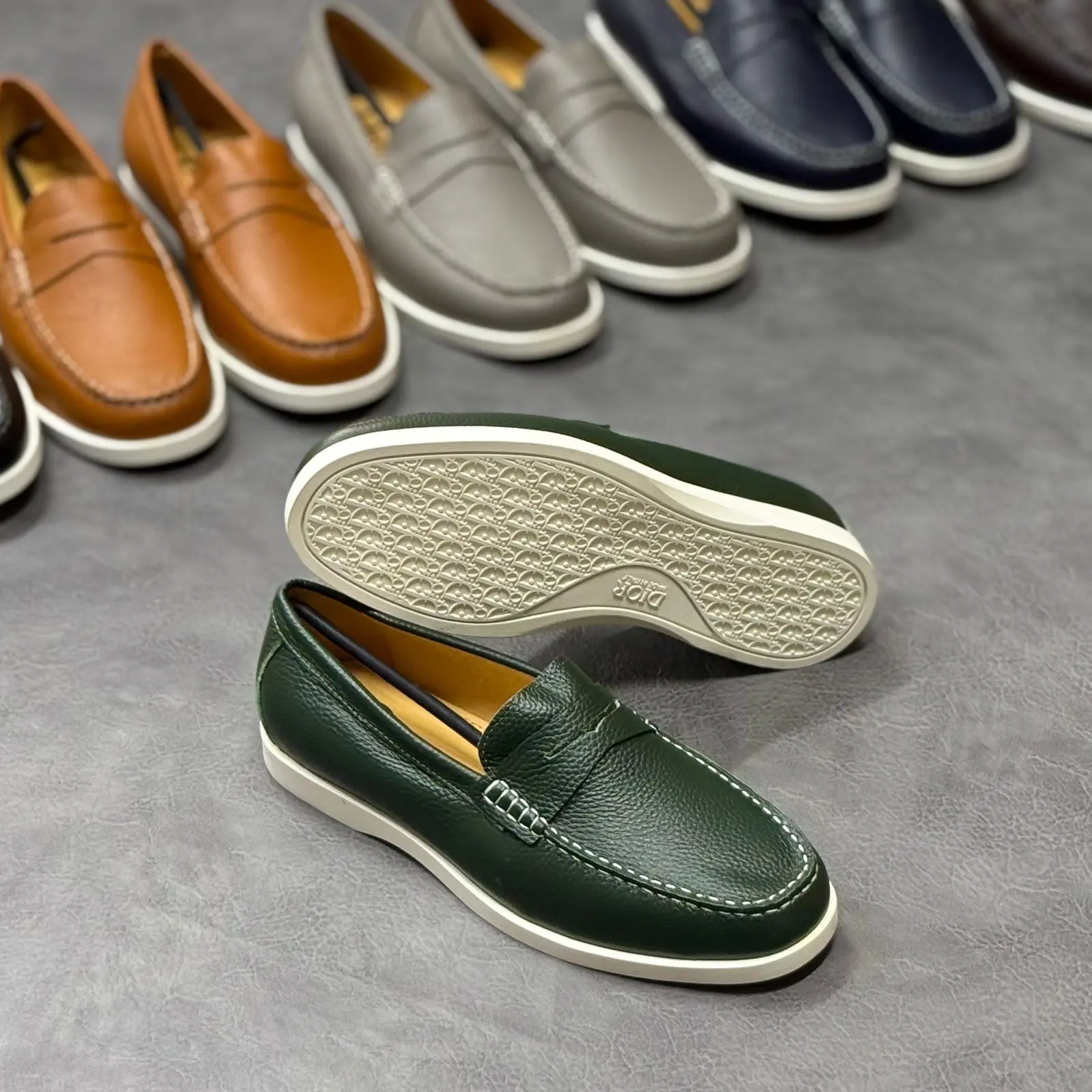 Green pebble leather penny loafer